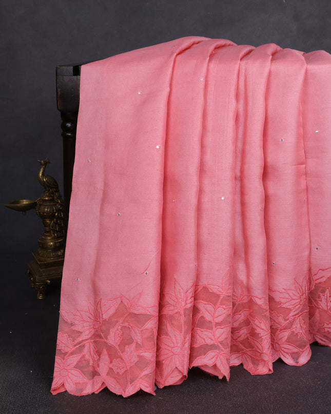 Peach Tussar Embroidery Silk Saree