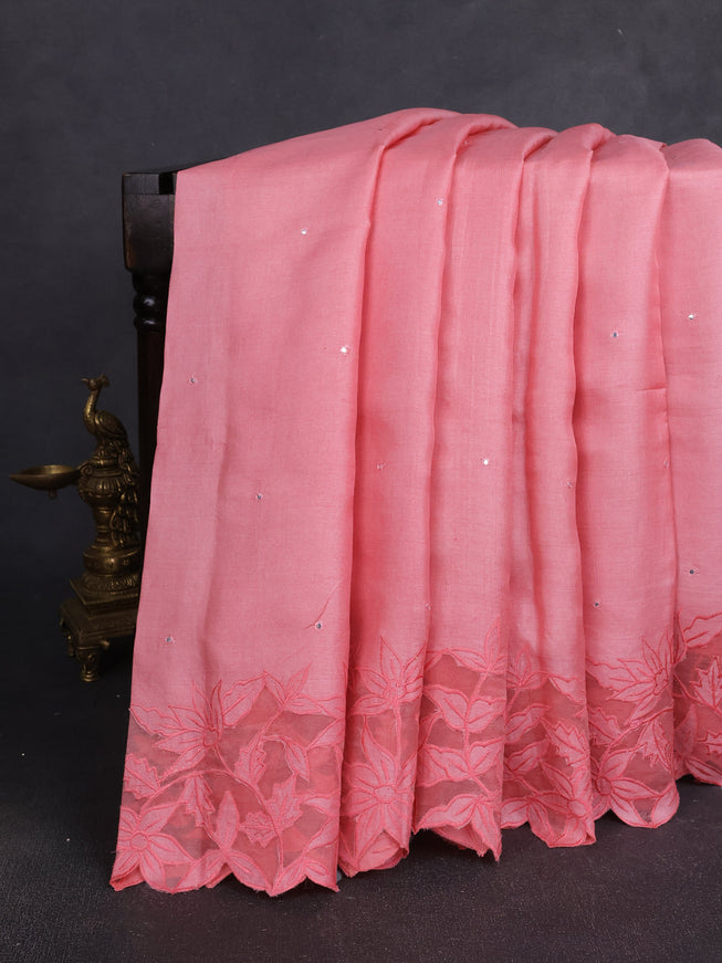 Peach Tussar Embroidery Silk Saree