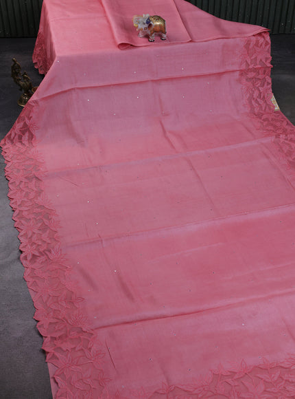 Peach Tussar Embroidery Silk Saree