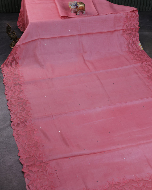 Peach Tussar Embroidery Silk Saree