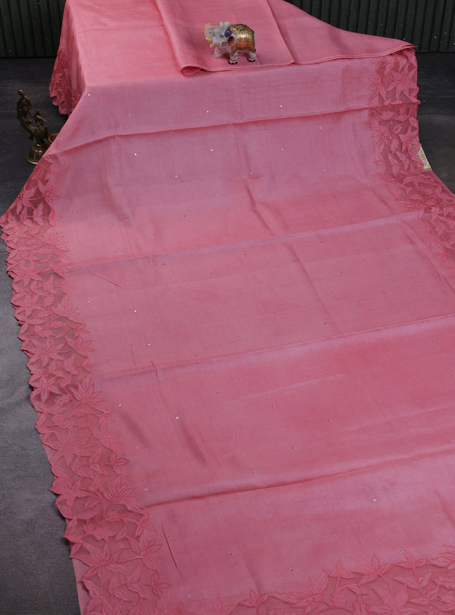 Peach Tussar Embroidery Silk Saree