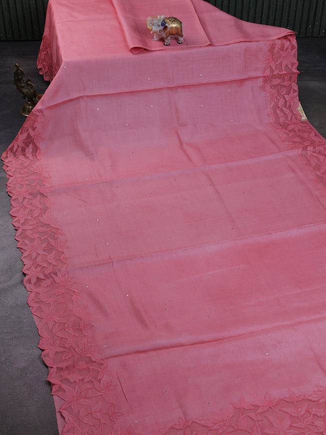Peach Tussar Embroidery Silk Saree