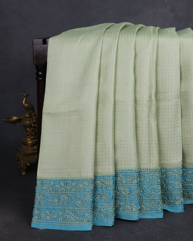 Pista Green -Teal Blue Tussar Embroidery Silk Saree
