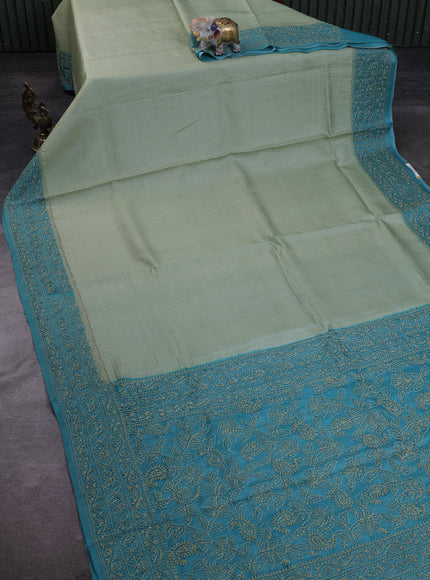 Pista Green -Teal Blue Tussar Embroidery Silk Saree