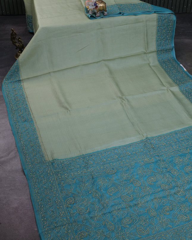 Pista Green -Teal Blue Tussar Embroidery Silk Saree