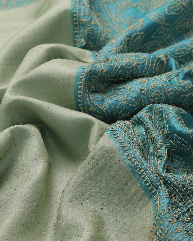 Pista Green -Teal Blue Tussar Embroidery Silk Saree
