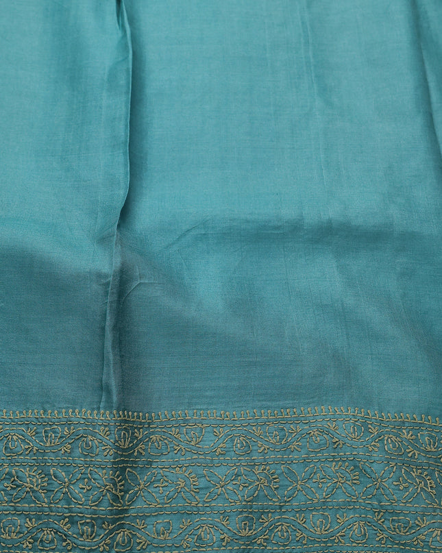 Pista Green -Teal Blue Tussar Embroidery Silk Saree