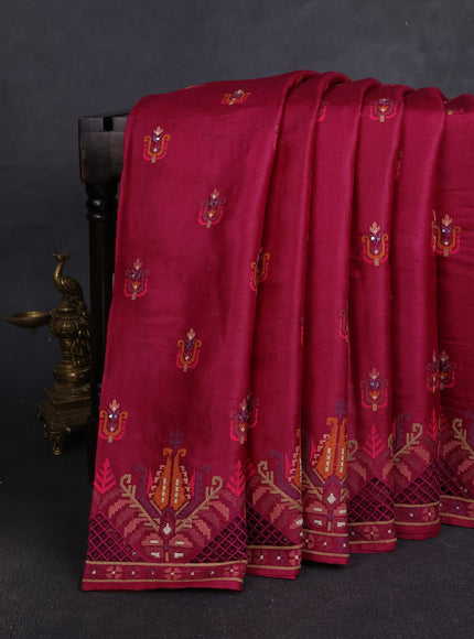 Dark Magenta Pink Tussar Embroidery Silk Saree