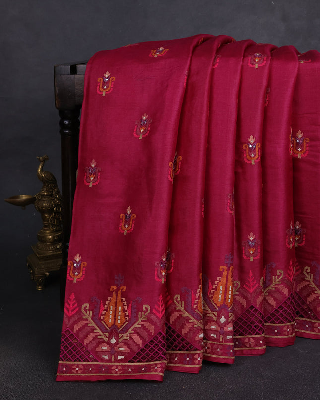 Dark Magenta Pink Tussar Embroidery Silk Saree