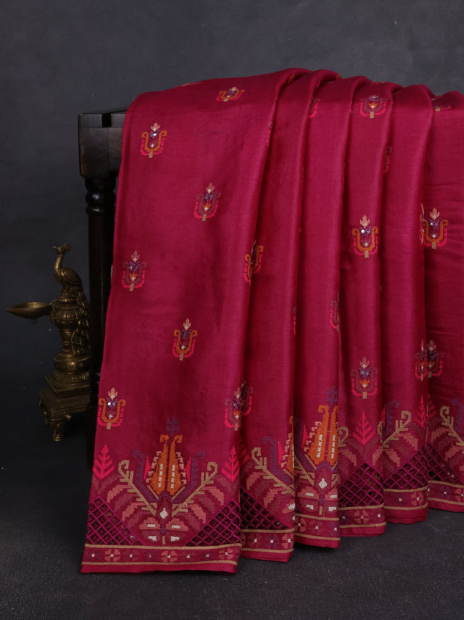 Dark Magenta Pink Tussar Embroidery Silk Saree