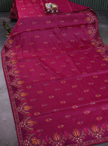 Dark Magenta Pink Tussar Embroidery Silk Saree