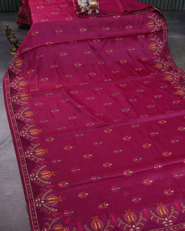 Dark Magenta Pink Tussar Embroidery Silk Saree