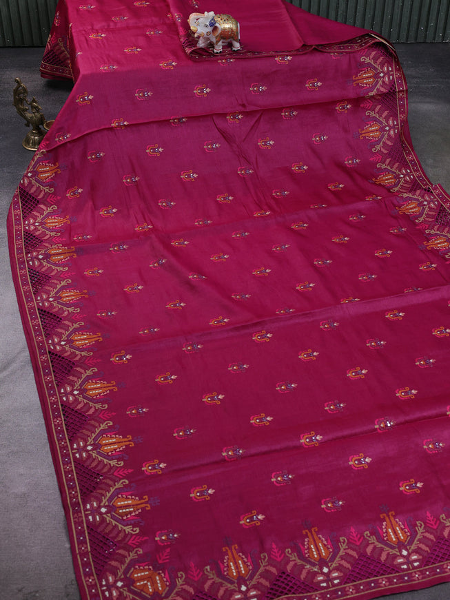 Dark Magenta Pink Tussar Embroidery Silk Saree