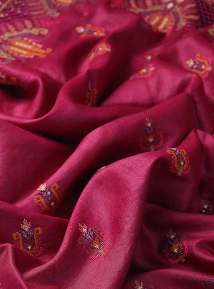 Dark Magenta Pink Tussar Embroidery Silk Saree