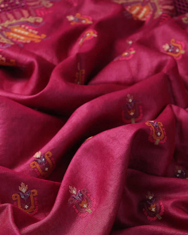 Dark Magenta Pink Tussar Embroidery Silk Saree
