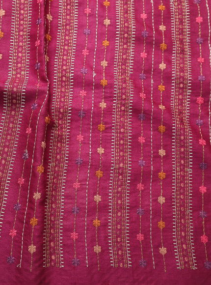 Dark Magenta Pink Tussar Embroidery Silk Saree