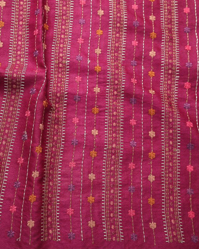 Dark Magenta Pink Tussar Embroidery Silk Saree