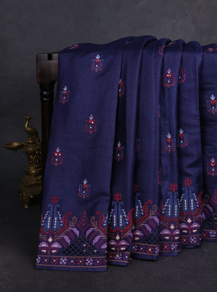 Navy Blue Tussar Embroidery Silk Saree