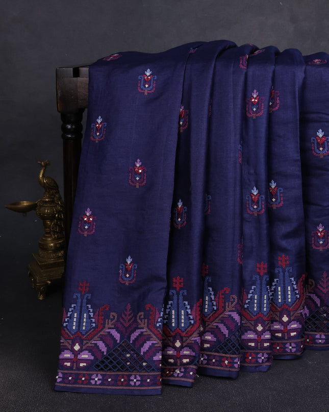 Navy Blue Tussar Embroidery Silk Saree