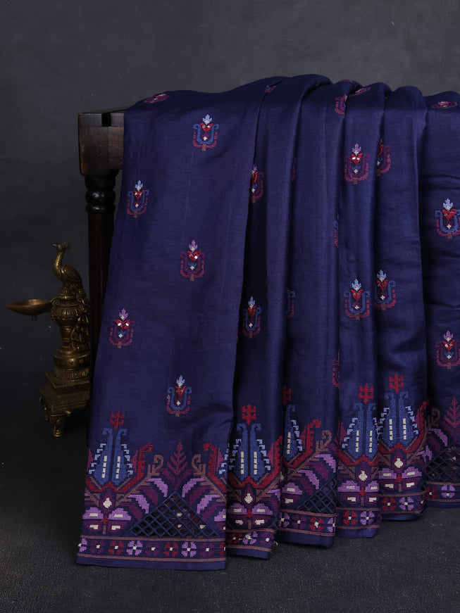 Navy Blue Tussar Embroidery Silk Saree
