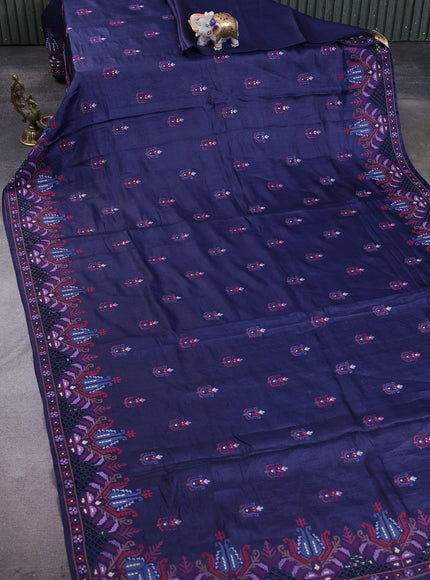 Navy Blue Tussar Embroidery Silk Saree