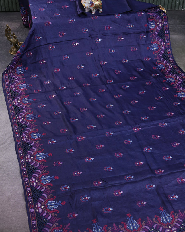 Navy Blue Tussar Embroidery Silk Saree