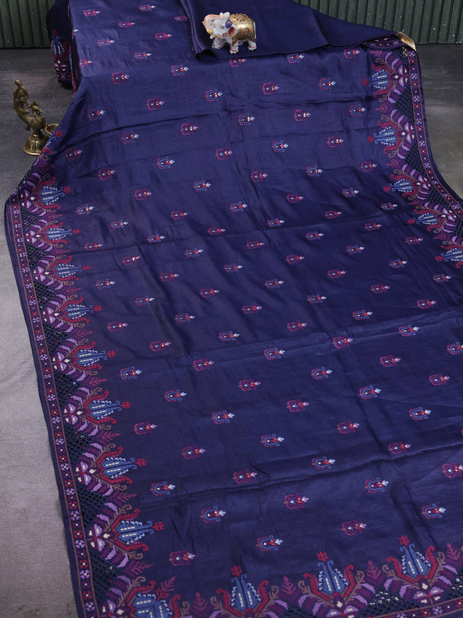Navy Blue Tussar Embroidery Silk Saree
