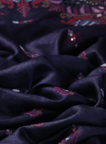 Navy Blue Tussar Embroidery Silk Saree