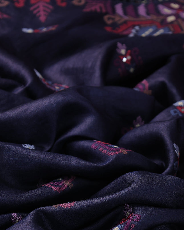 Navy Blue Tussar Embroidery Silk Saree