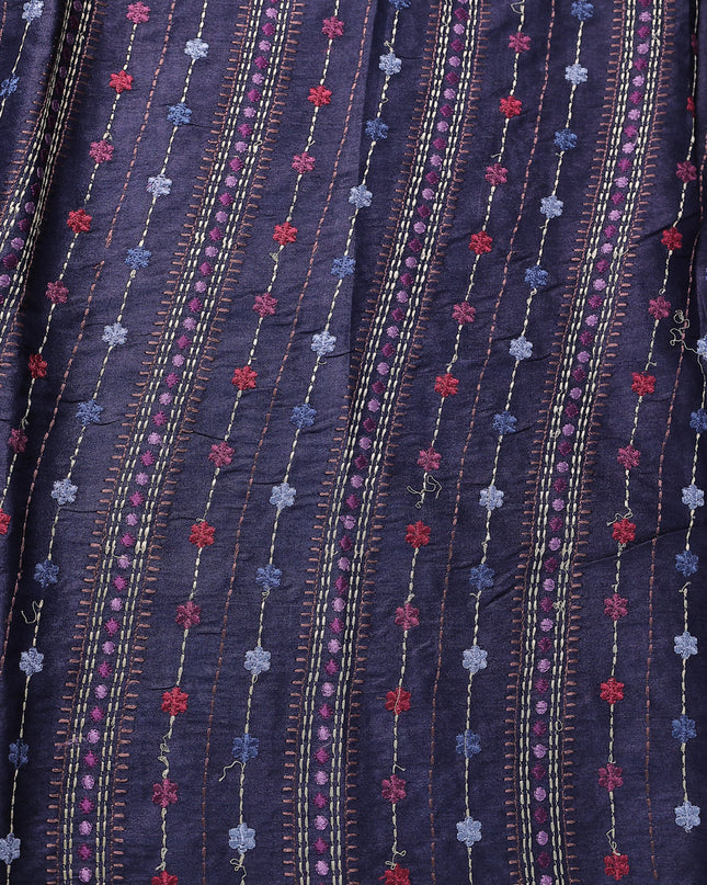 Navy Blue Tussar Embroidery Silk Saree
