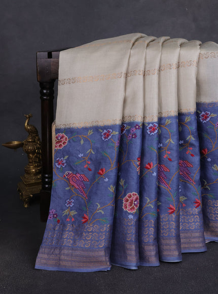 Pastel Grey -Denim Blue Tussar Embroidery Silk Saree