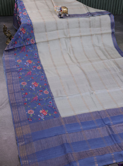 Pastel Grey -Denim Blue Tussar Embroidery Silk Saree