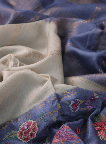 Pastel Grey -Denim Blue Tussar Embroidery Silk Saree