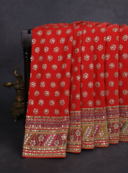 Red Satin Crepe Embroidery Sequin Silk Saree
