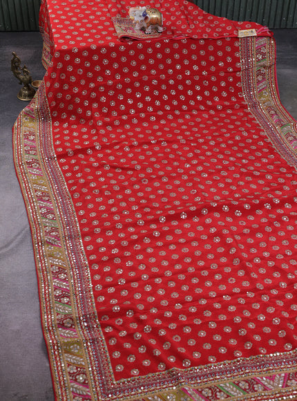 Red Satin Crepe Embroidery Sequin Silk Saree