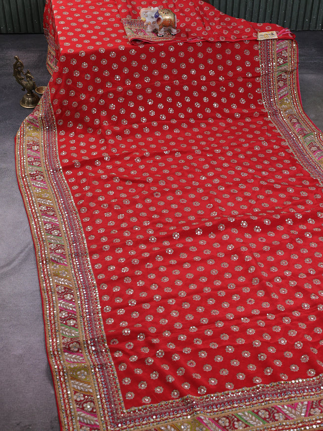 Red Satin Crepe Embroidery Sequin Silk Saree