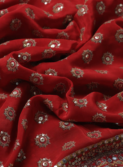 Red Satin Crepe Embroidery Sequin Silk Saree