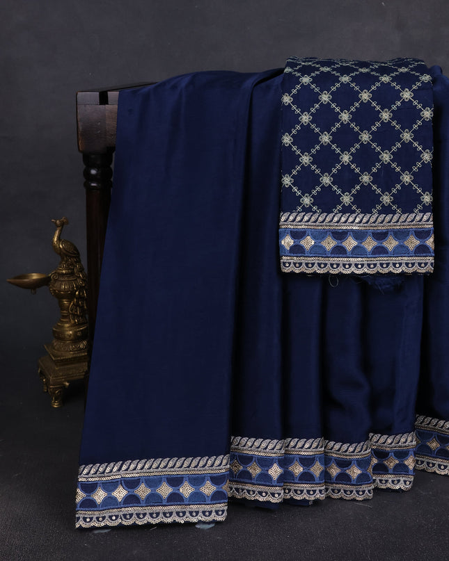Navy Blue Satin Crepe Embroidery Sequin Silk Saree