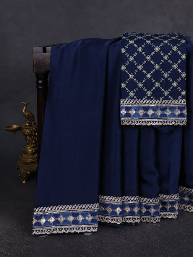 Navy Blue Satin Crepe Embroidery Sequin Silk Saree