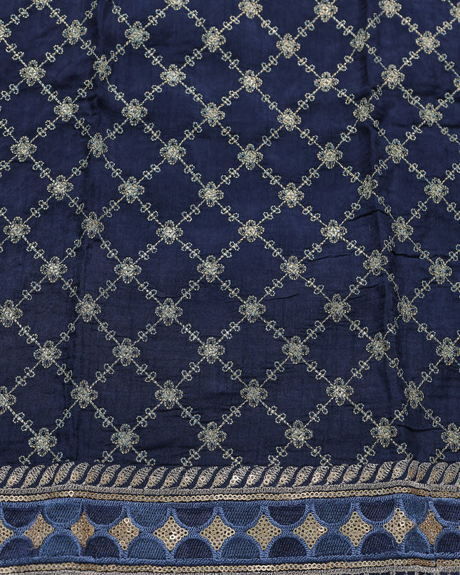 Navy Blue Satin Crepe Embroidery Sequin Silk Saree
