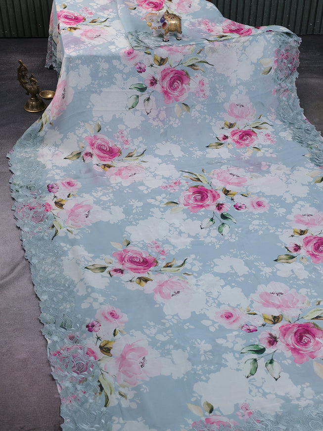 Pastel Blue Embroidery Silk Saree