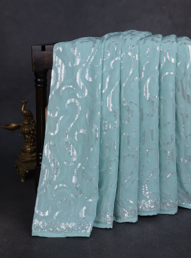 Sky Blue Georgette Embroidery Silk Saree