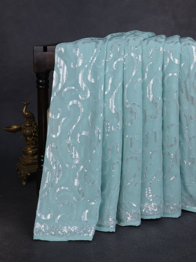 Sky Blue Georgette Embroidery Silk Saree