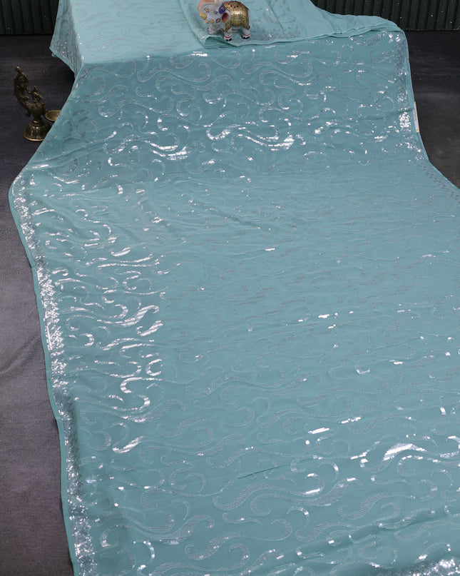 Sky Blue Georgette Embroidery Silk Saree