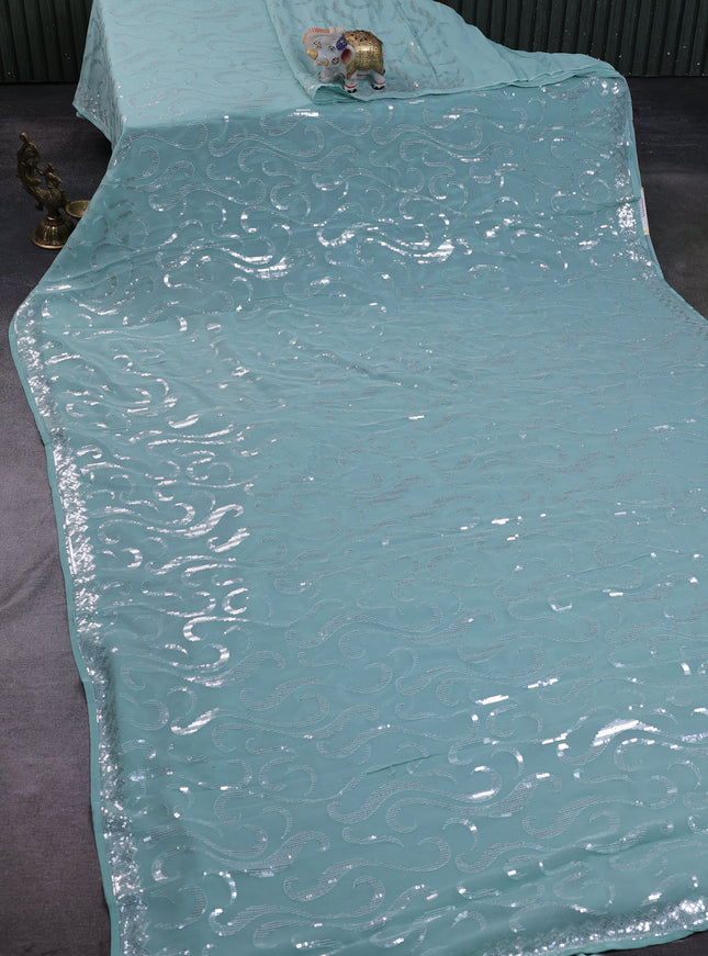 Sky Blue Georgette Embroidery Silk Saree