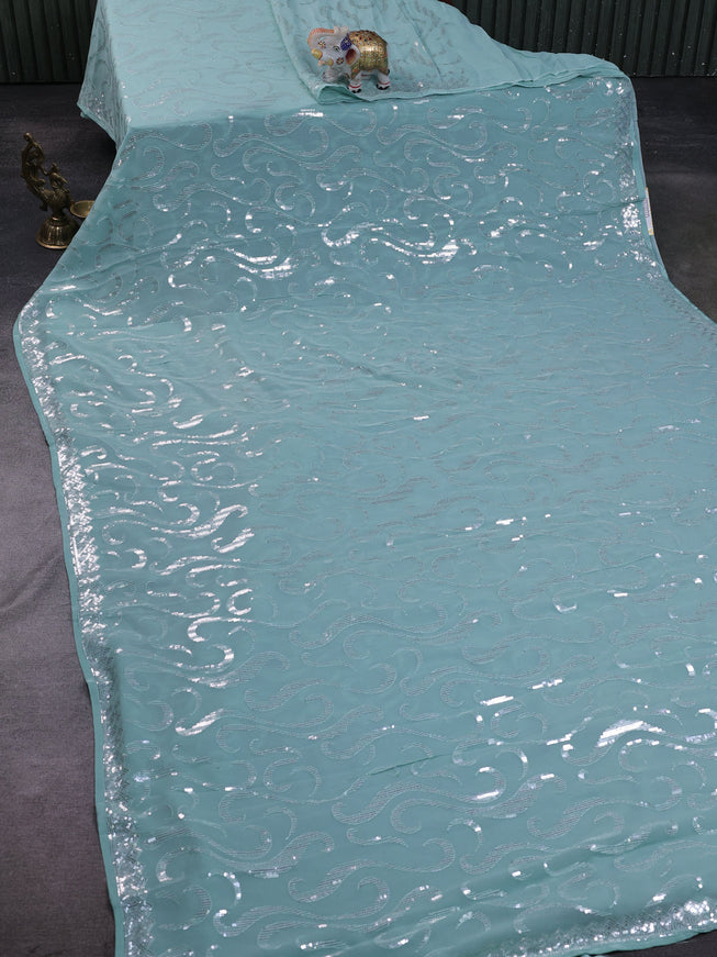 Sky Blue Georgette Embroidery Silk Saree