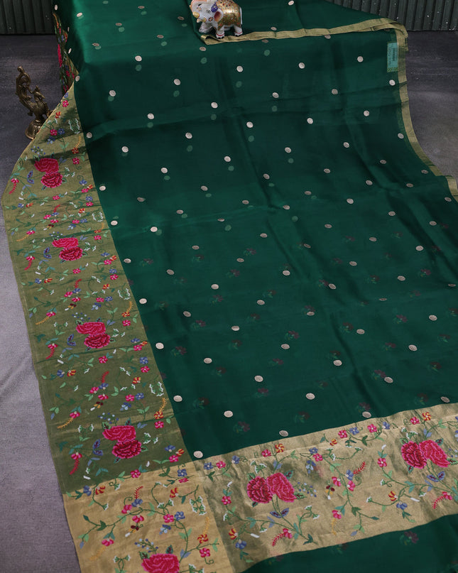 Bottle Green Organza Embroidery Silk Saree