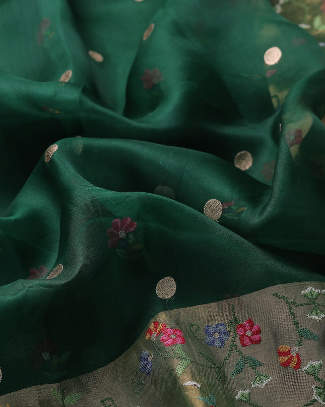 Bottle Green Organza Embroidery Silk Saree