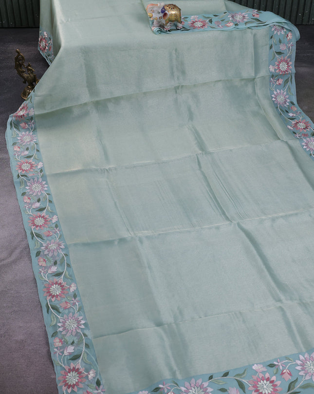 Sky Blue Organza Tissue Embroidery Silk Saree
