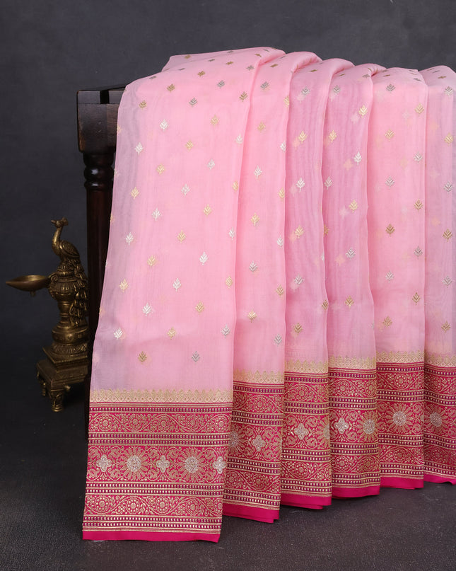Light Pink - Pink Banarasi Ektara Kora Silk Saree